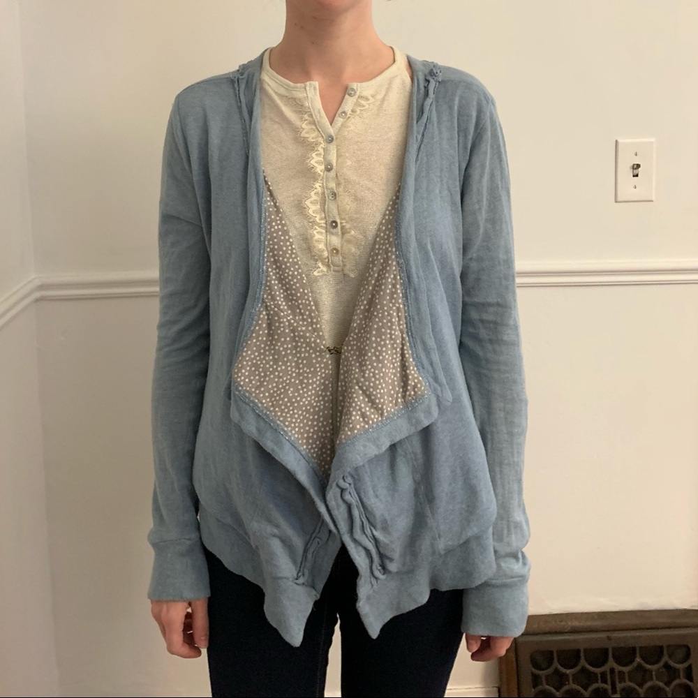 Free people light blue cardigan with grey and white polka dot lined lapels